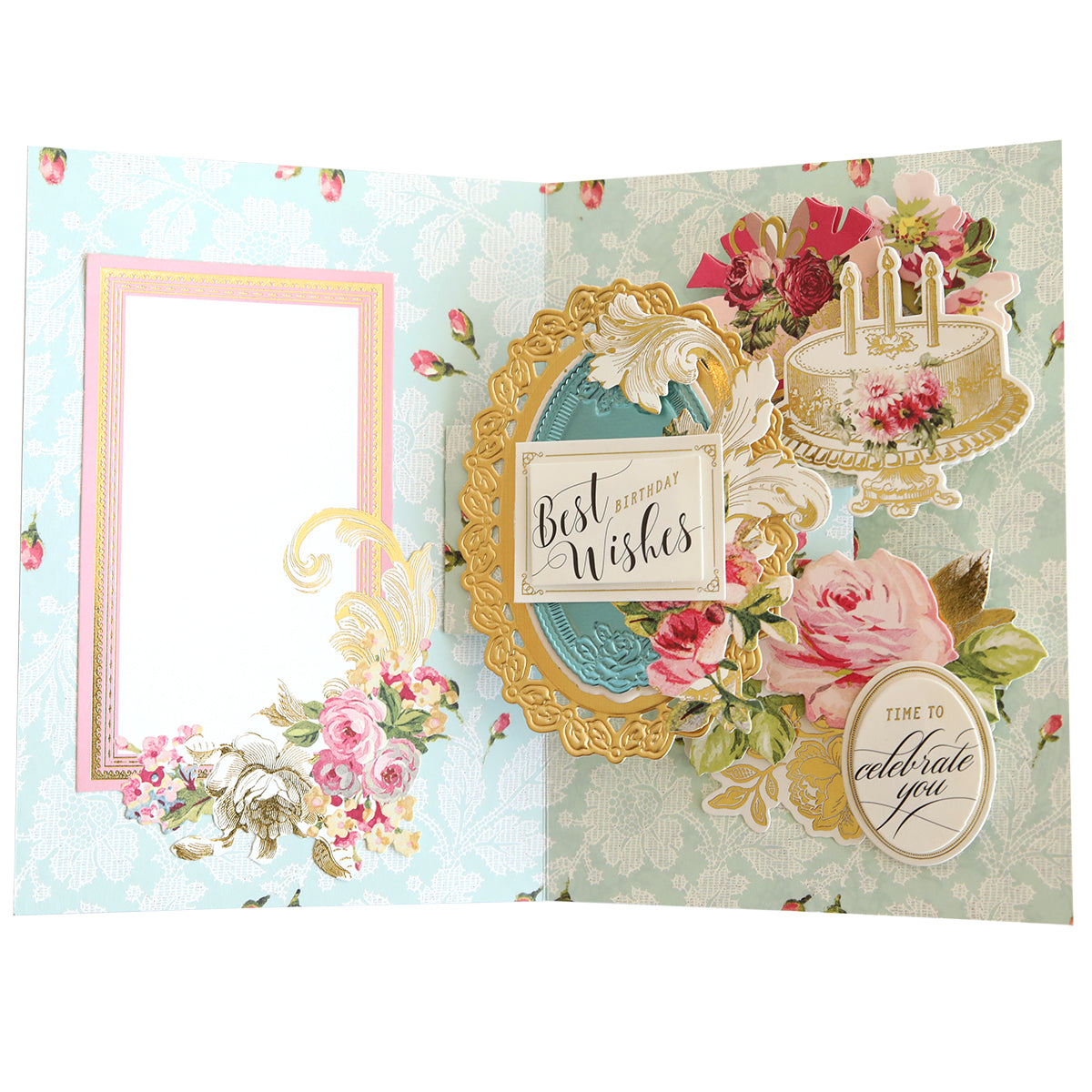 A decorative greeting card with floral patterns, featuring a "best wishes" message, cake imagery, and embellishments on a textured background created using Swing Out Dies.