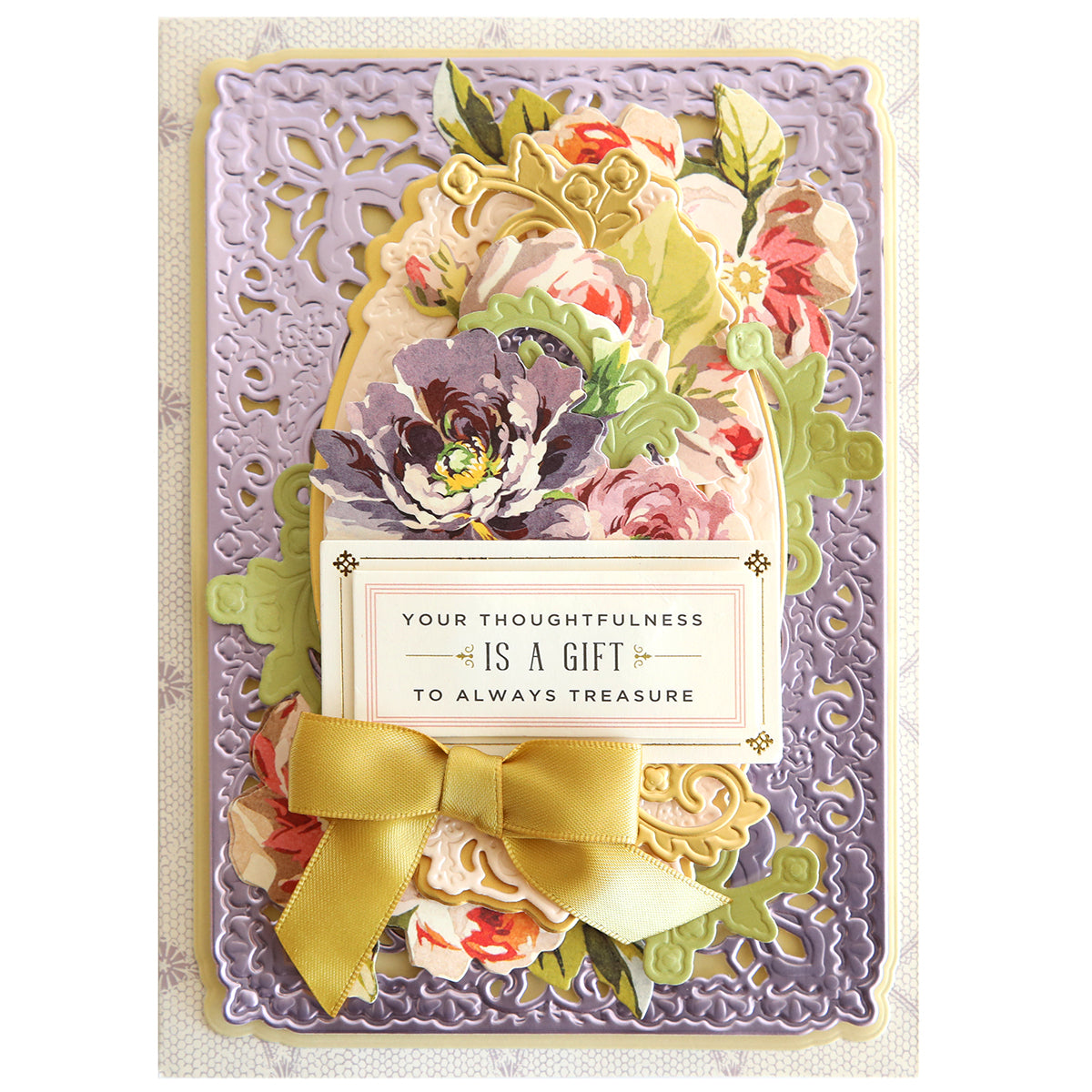 Greeting card with 3D floral design and a yellow bow, featuring text "your thoughtfulness is a gift to always treasure." Set against a scalloped purple frame with added Swing Out Dies embellishments.