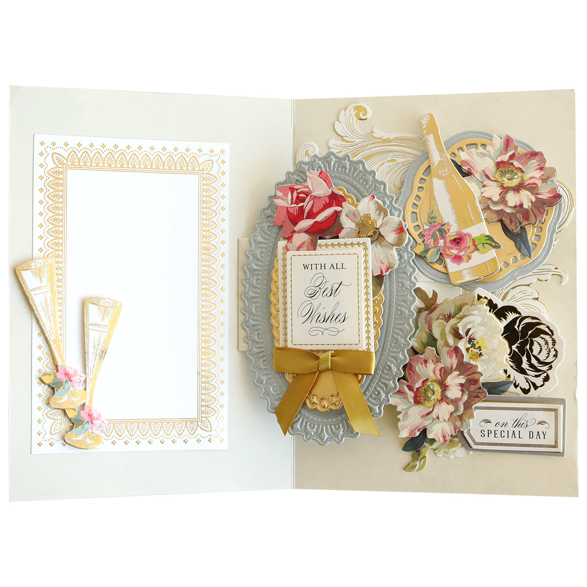 Open greeting card decorated with floral designs and elegant motifs, featuring a message "with all our best wishes" on a small book element, set against a plain background, enhanced with Swing Out Dies embellishments
