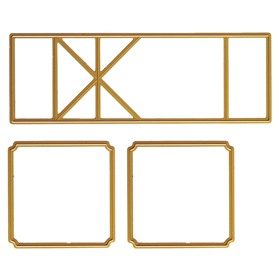 Three gold-colored rectangular frames of varying shapes and sizes, featuring embellishments ideal for card making. Two are square with beveled corners, and one is longer with internal geometric divisions. This set is called Swing Out Dies.