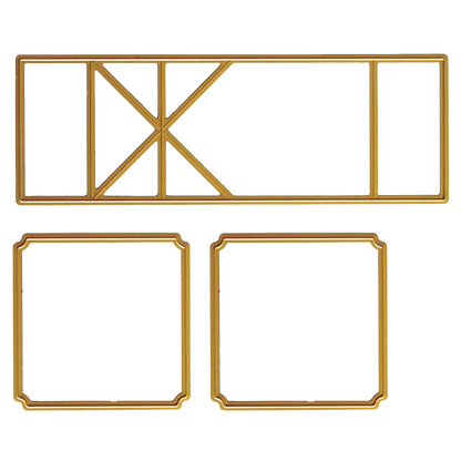 Three gold-colored rectangular frames of varying shapes and sizes, featuring embellishments ideal for card making. Two are square with beveled corners, and one is longer with internal geometric divisions. This set is called Swing Out Dies.