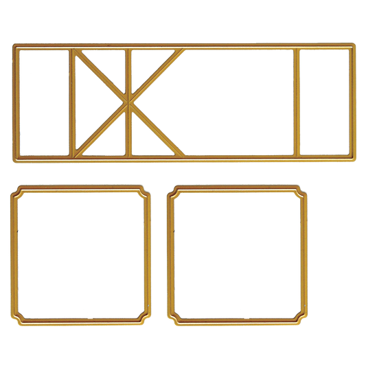 Three gold-colored rectangular frames of varying shapes and sizes, featuring embellishments ideal for card making. Two are square with beveled corners, and one is longer with internal geometric divisions. This set is called Swing Out Dies.
