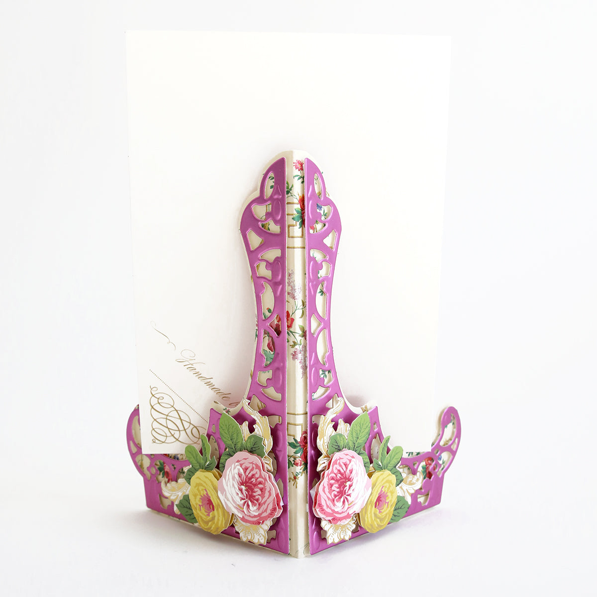 A purple Tall Card Stand Dies with flowers on it, perfect for displaying oversized cards.