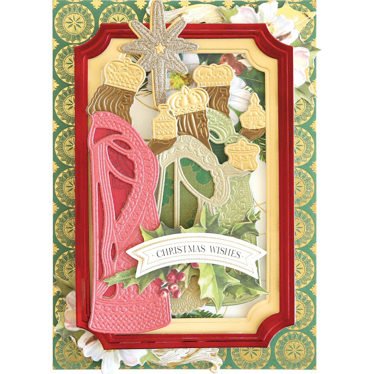 A festive Christmas card with an ornate design featuring gold and green holiday elements, a prominent red frame, and a banner that reads "Christmas Wishes," highlighted by the shimmering Three Wise Men 3D Dies.