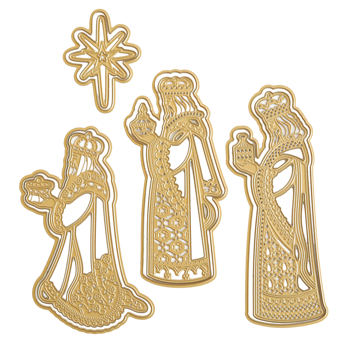 Three ornate gold Three Wise Men 3D Dies depicting the three wise men holding gifts and a Star of Wonder, perfect for adding a magical touch to your Christmas baking.