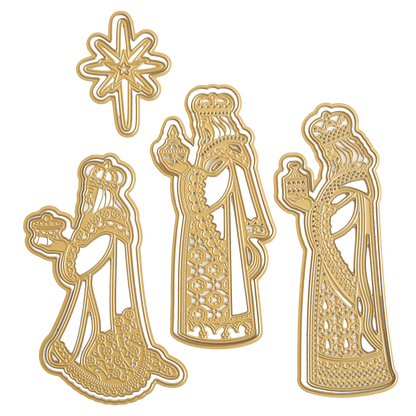 Three ornate gold Three Wise Men 3D Dies depicting the three wise men holding gifts and a Star of Wonder, perfect for adding a magical touch to your Christmas baking.