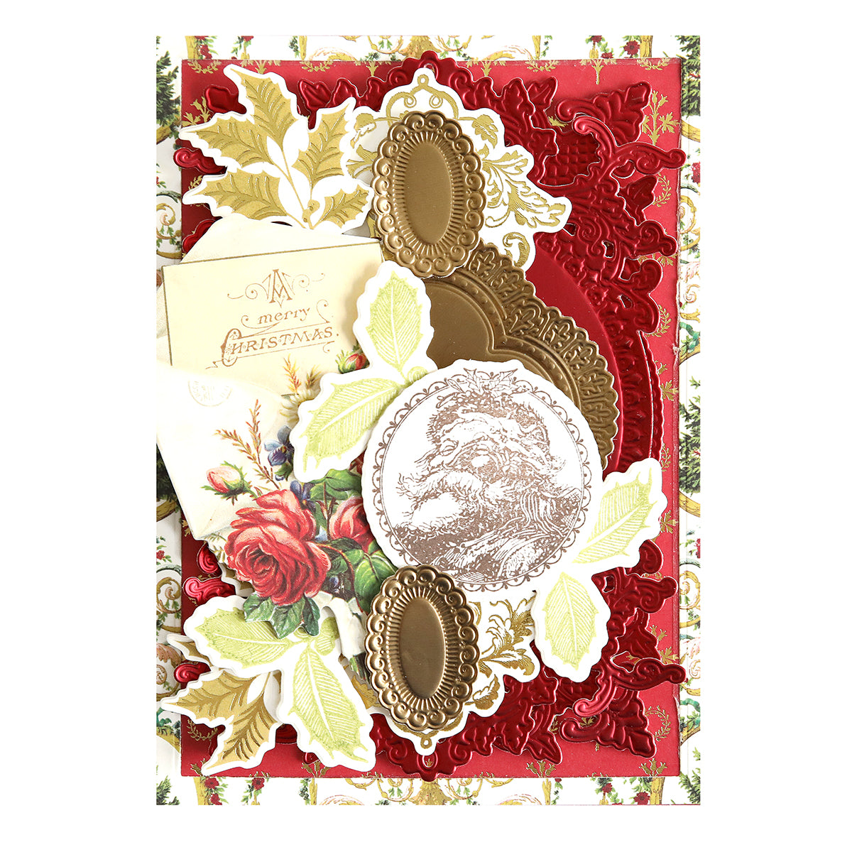 A Christmas card featuring intricate designs, including roses, foliage, and ornate gold and red seasonal embellishments, centered around a vintage-style Santa Claus illustration created with detailed Anniversary Christmas Stamps & Dies.