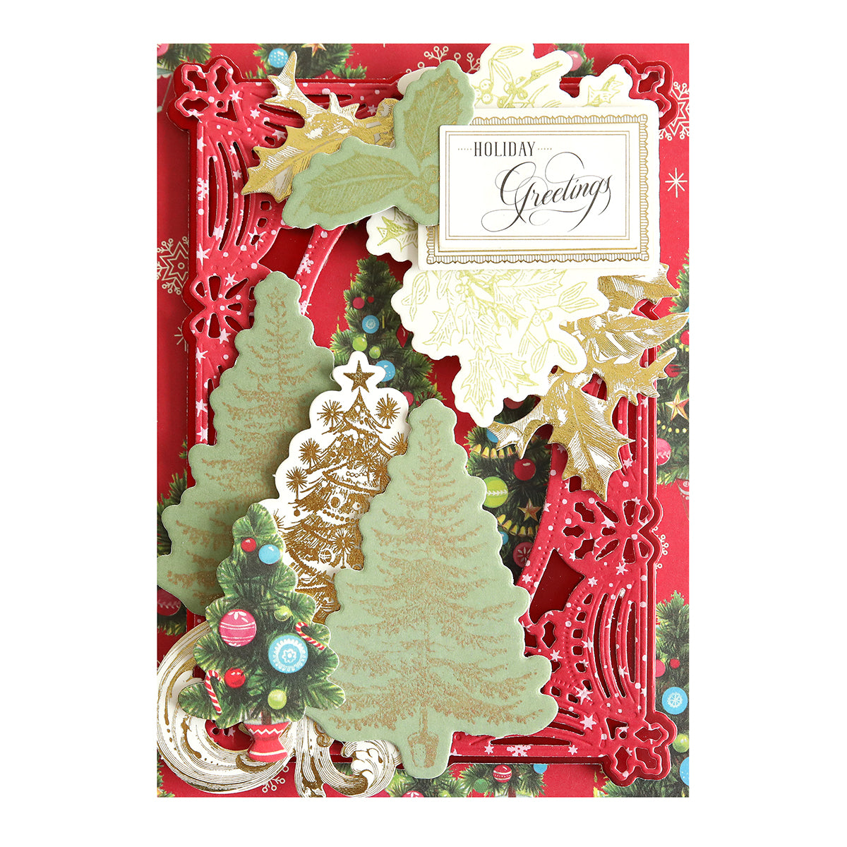 A festive holiday card with illustrations of Christmas trees, ornaments, and the message "Holiday Greetings" on a decorative red and gold background, featuring Anniversary Christmas Stamps & Dies.