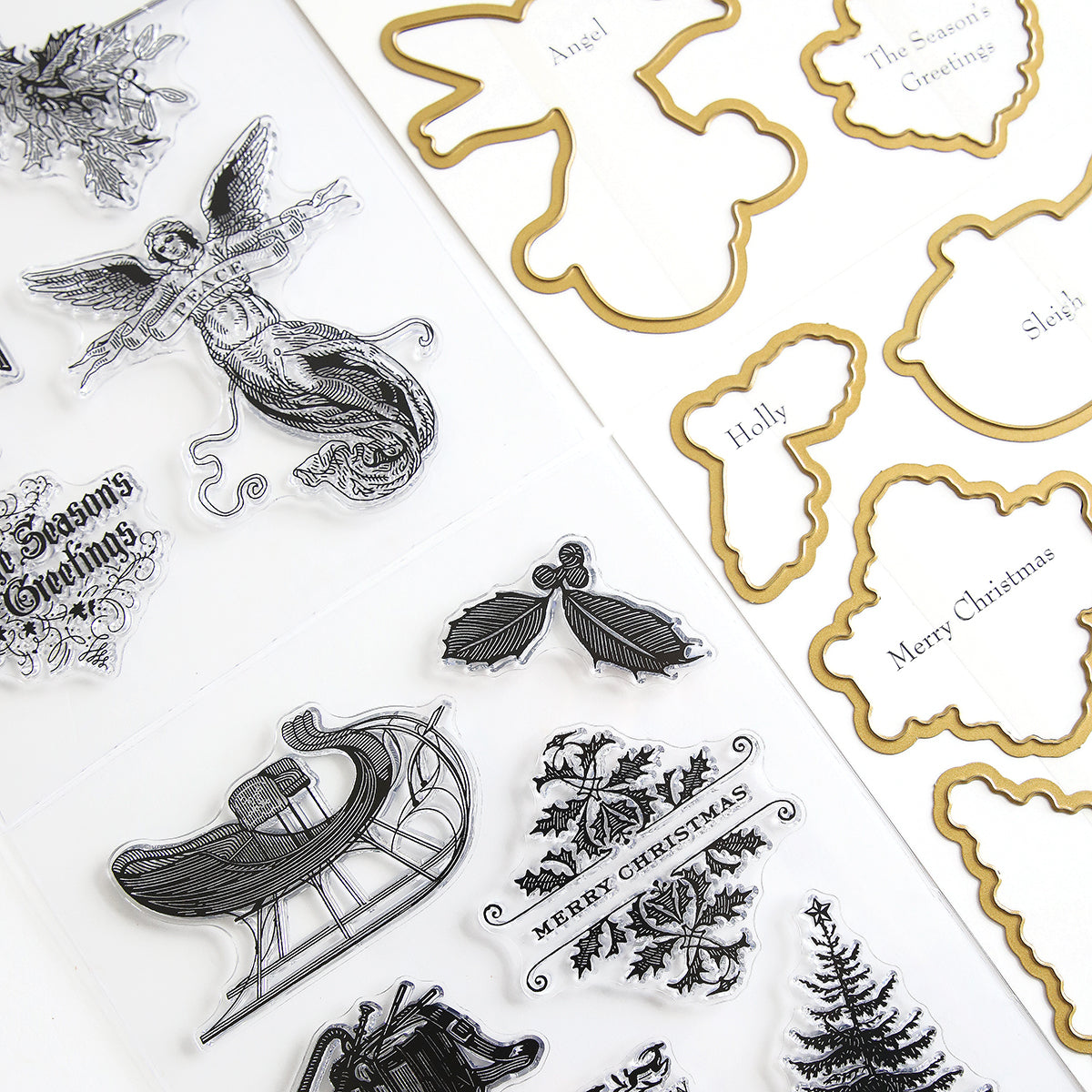 Anniversary Christmas Stamps & Dies featuring Christmas-themed designs, such as an angel, sleigh, holly, and banners with text greetings. These seasonal embellishments are perfect for adding festive charm to your holiday projects.