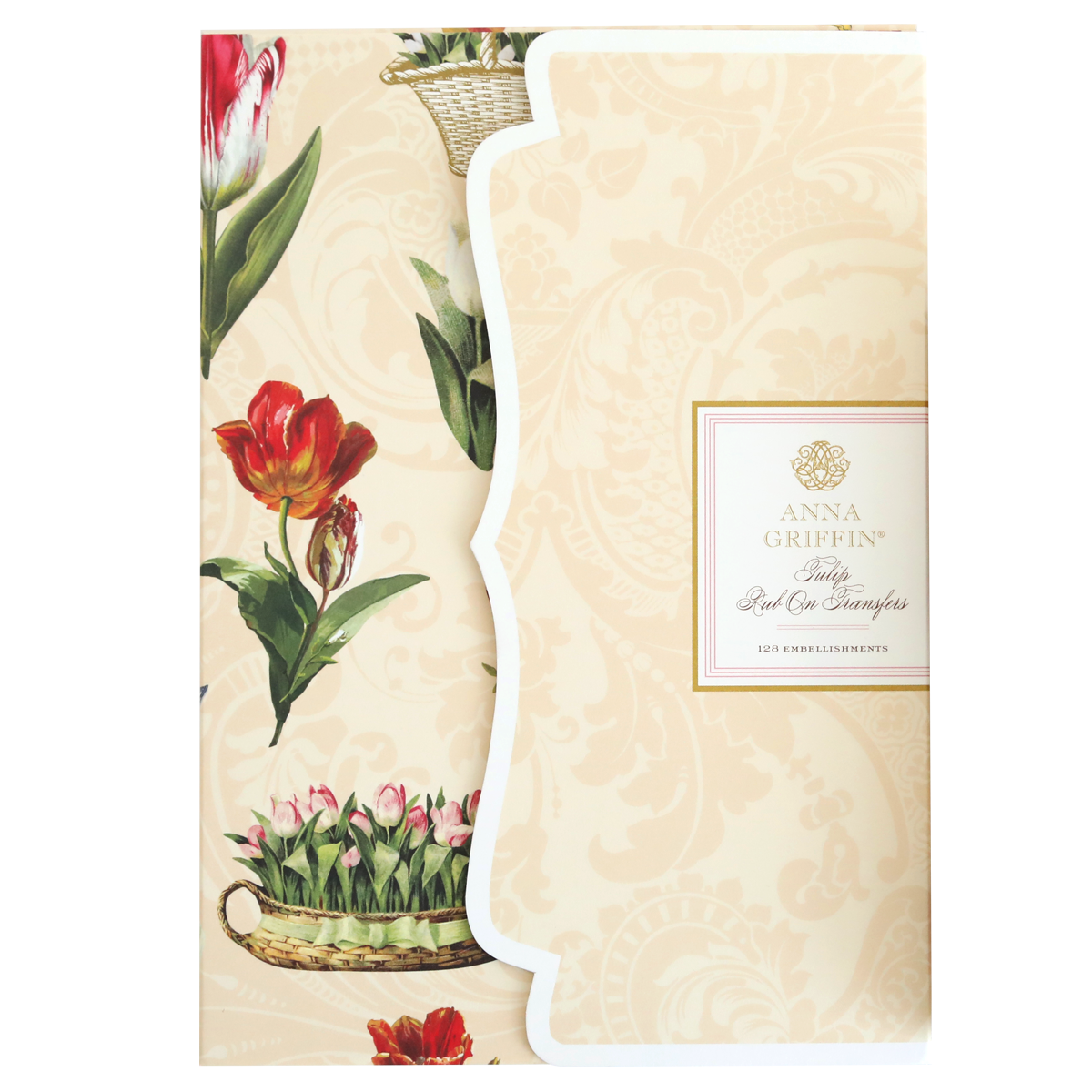 A notebook embellished with Tulip Rub On Transfers of tulips and flowers, ideal for crafting.