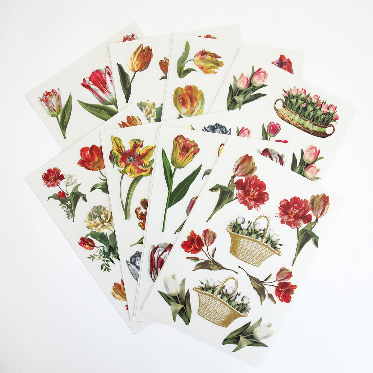 A set of crafting stickers with Tulip Rub On Transfers and baskets.