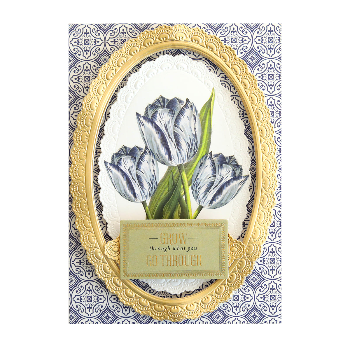 A card with blue Tulip Rub On Transfers adorned with rub-on transfers in an ornate frame.