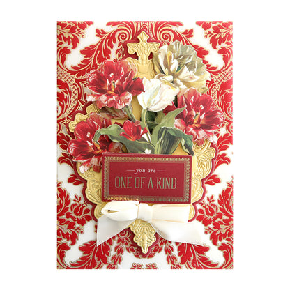 A red and gold card with Tulip Stickers and Sentiments on it.