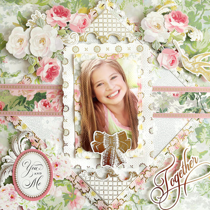 A smiling girl is at the center of a floral-themed scrapbook page adorned with lace, ribbon accents, and die cut titles like "You and Me" and "Together" in elegant script. The layout is beautifully complemented by various Virginia Papers and Embellishments.