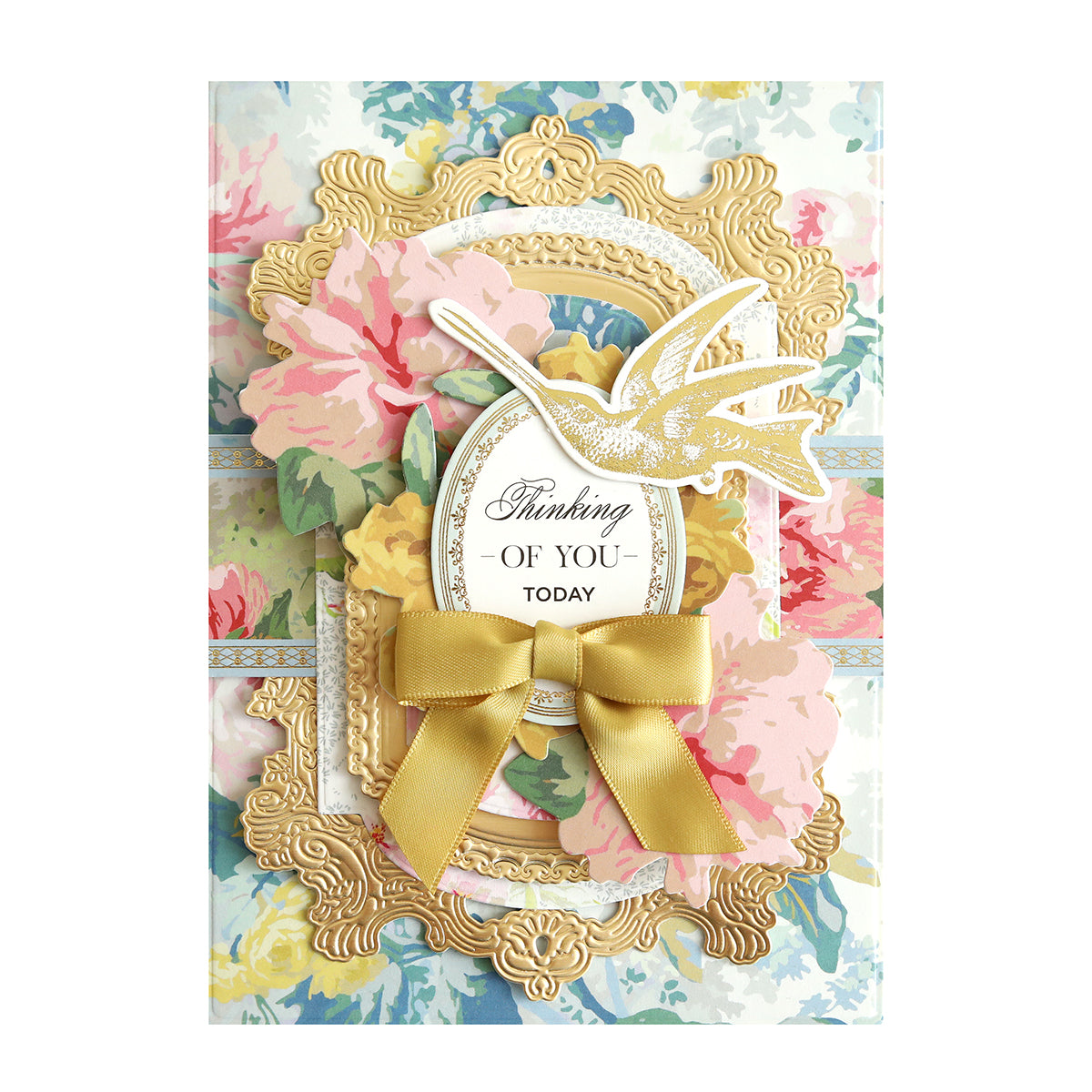 A Virginia Papers and Embellishments with floral patterns, gold craft embellishments, a yellow bow, and a bird cutout. The card displays "Thinking of You Today" in the center.