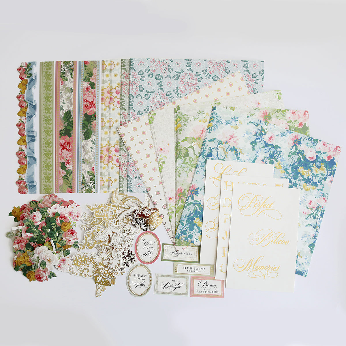 A collection of Virginia Papers and Embellishments arranged on a white background.