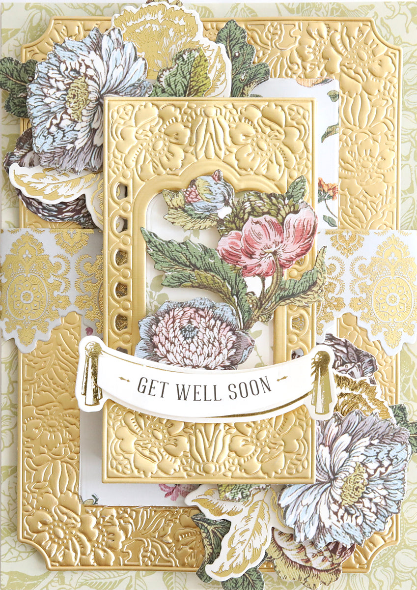 Elaborately crafted "get well soon" greeting card with 3D Wildflower Meadow Frame and Border Dies designs and embossed patterns.
