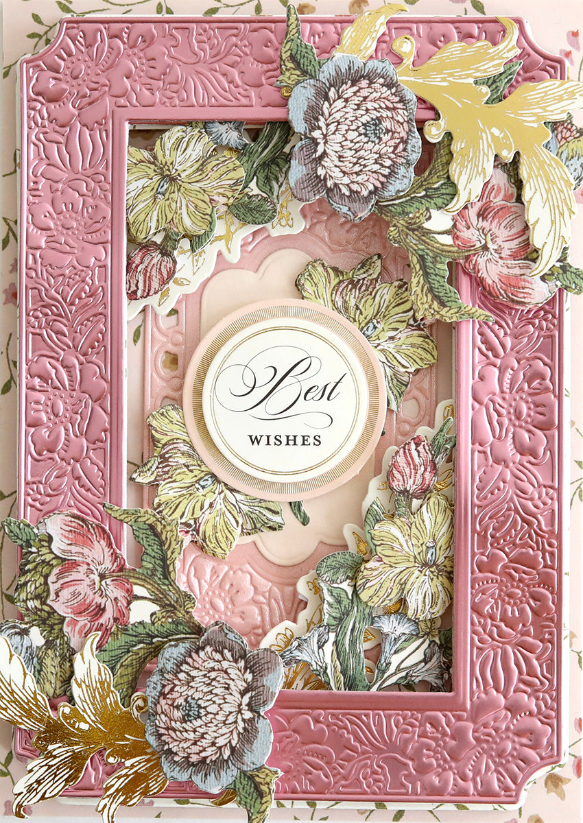 An intricately designed greeting card featuring the 3D Wildflower Meadow Frame and Border Dies and the words "best wishes" in the center, perfect for scrapbooking or cardmaking.