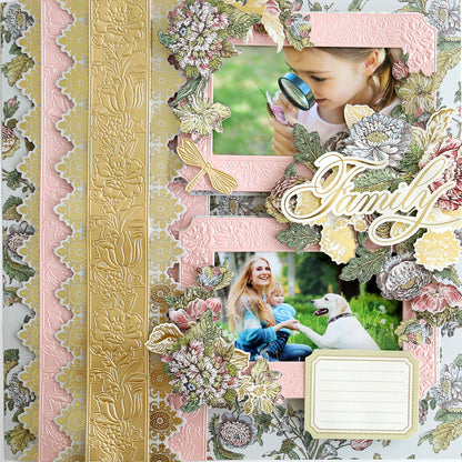 A scrapbook page featuring family-themed embellishments and 3D Wildflower Meadow Frame and Border Dies with photos of a girl using a magnifying glass and a mother with a child and a dog.
