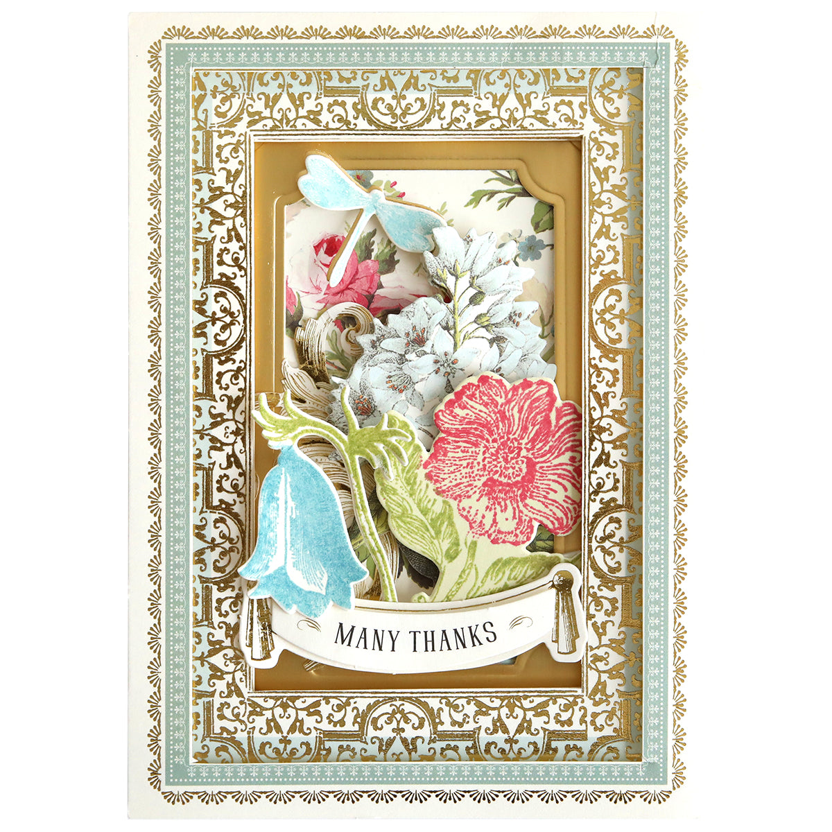 An ornate thank-you card featuring a 3D floral arrangement with Wildflower Meadow Stamps and Dies and the words "many thanks.