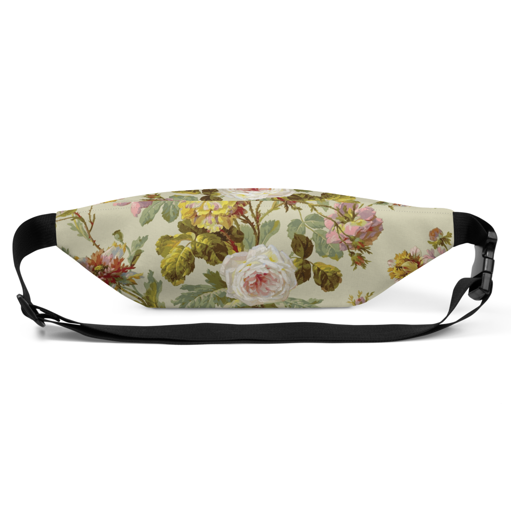 The Fanny Pack showcases a floral design with pink and yellow roses on a light beige background, complemented by black adjustable straps and a side-release buckle.