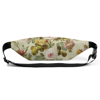 The Fanny Pack showcases a floral design with pink and yellow roses on a light beige background, complemented by black adjustable straps and a side-release buckle.