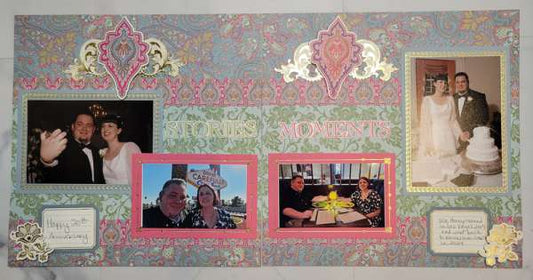 A scrapbook layout with patterned paper, ornate decorations, and six photos of a couple celebrating their wedding and anniversary. Text reads “STORIES” and “MOMENTS.”.
