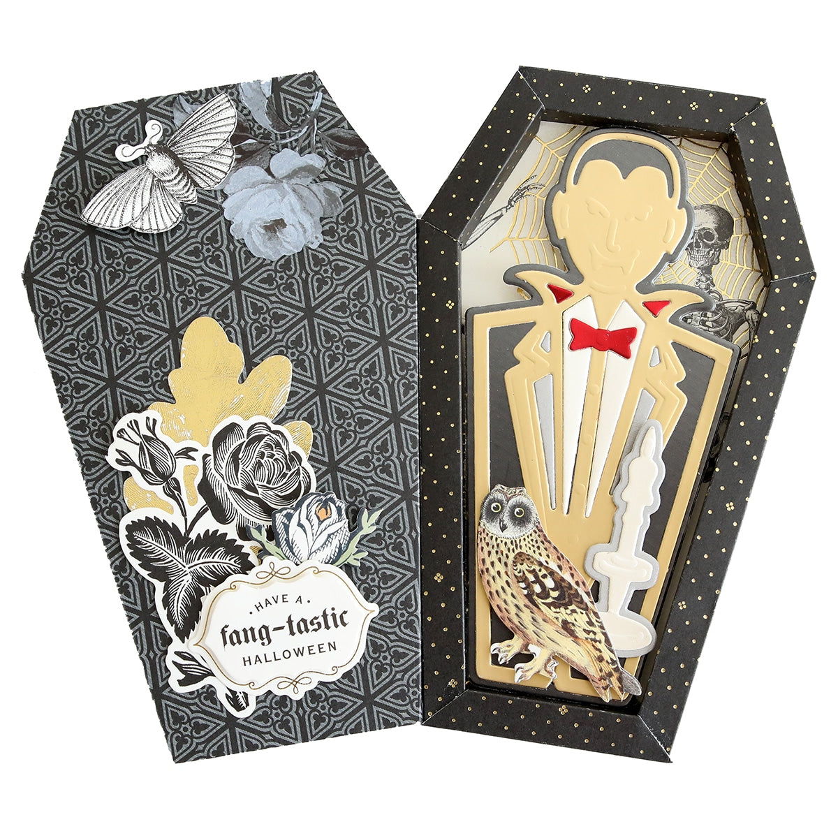 A coffin with owls and a man in a suit.