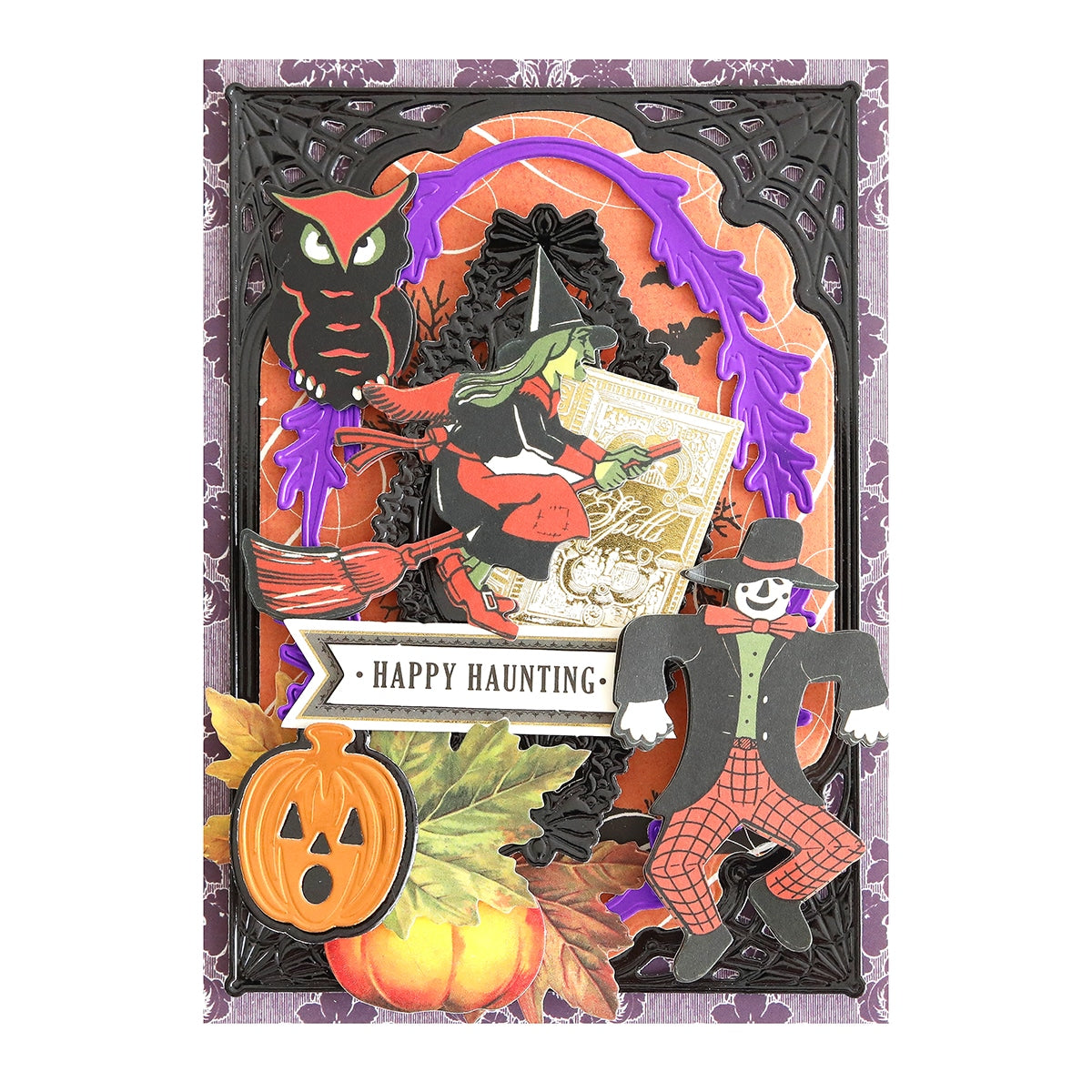 A halloween card with witches and pumpkins.