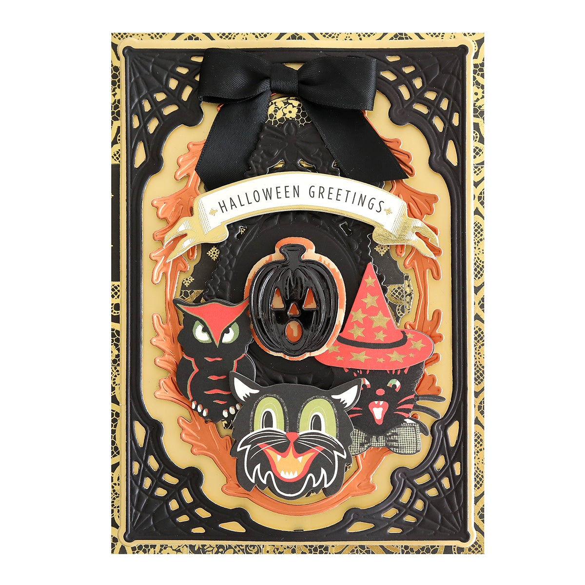 A halloween greeting card with a cat and a witch.