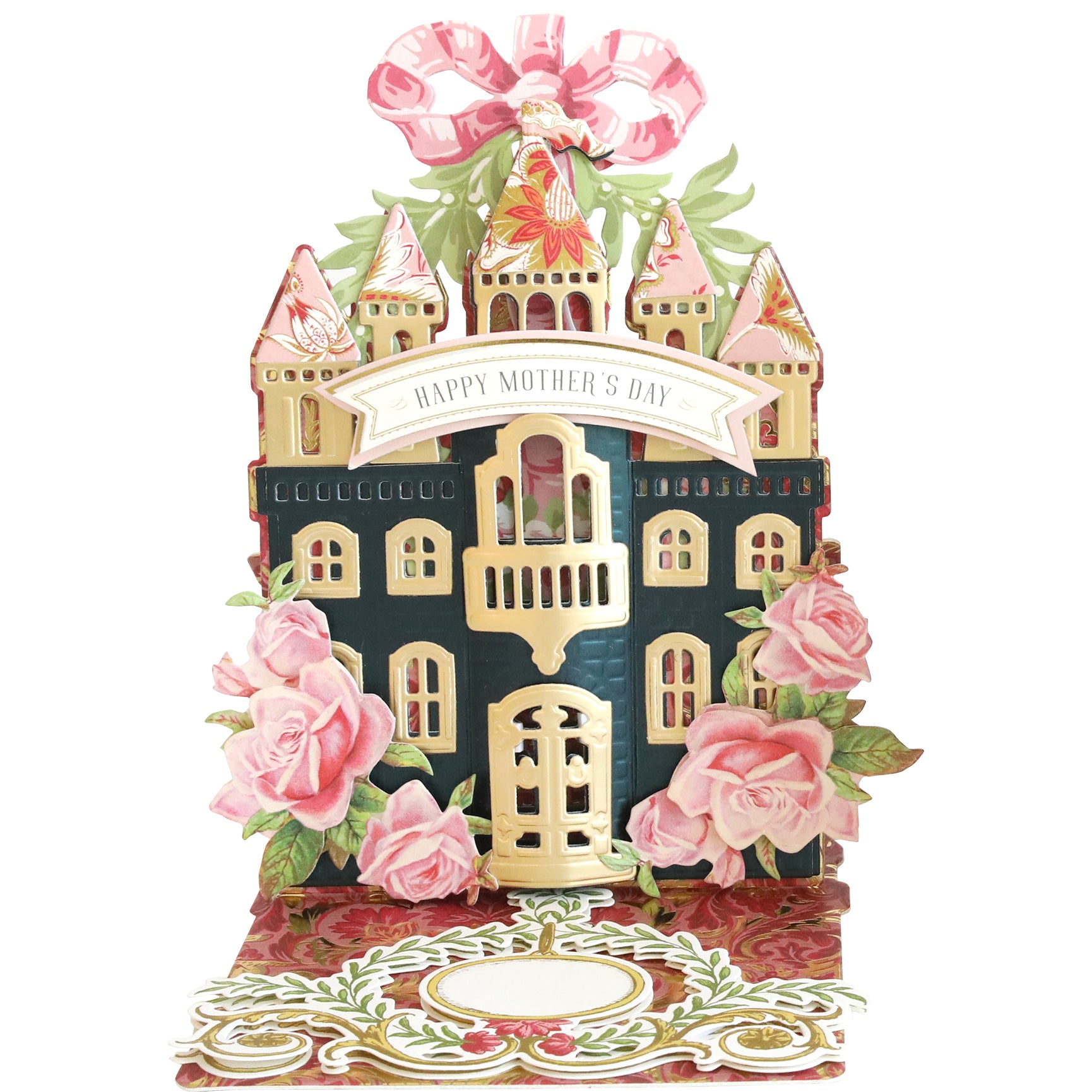 Create a charming pop-up card using Castle Easel Card Dies—shaped like a castle with pink roses, gold accents, and a "Happy Mother's Day" banner. Ideal for unique birthday greetings or wedding anniversaries.