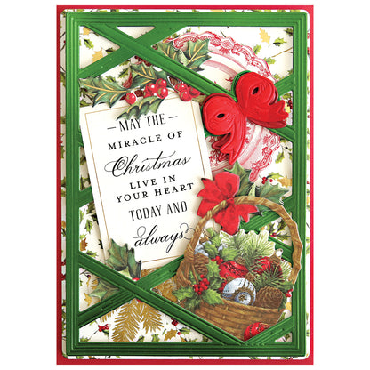 Send festive cheer with a Christmas card featuring harlequin bow dies, red ornaments, poinsettia, a holiday foliage basket, and a heartfelt message wishing the miracle of Christmas in your heart.