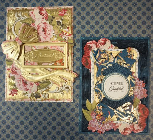 Two ornate greeting cards with floral designs and metallic gold accents, one with butterflies and roses, the other with "FOREVER Grateful" text in the center. Placed on a patterned background.