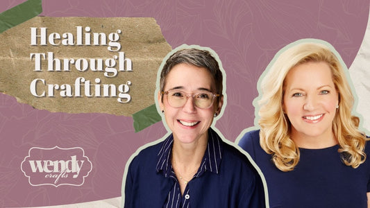 Two women smiling with the text "Healing Through Crafting" on a textured background. The logo "wendy crafts" appears in the lower left corner.