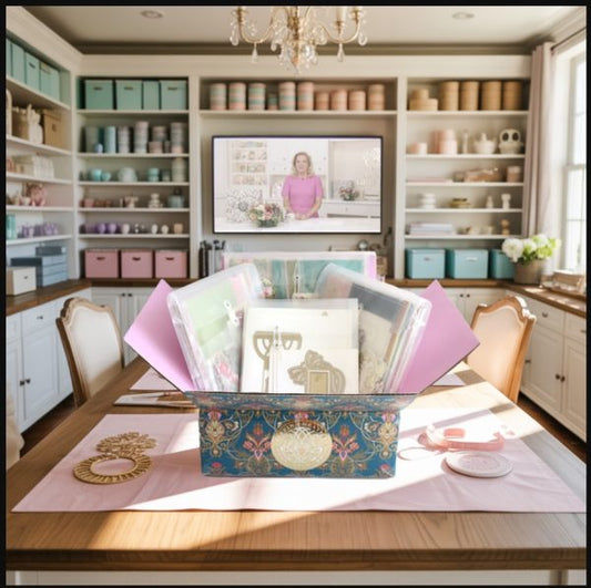 A decorative box filled with craft supplies sits on a dining table in a well-organized room; a woman appears on a TV screen in the background.