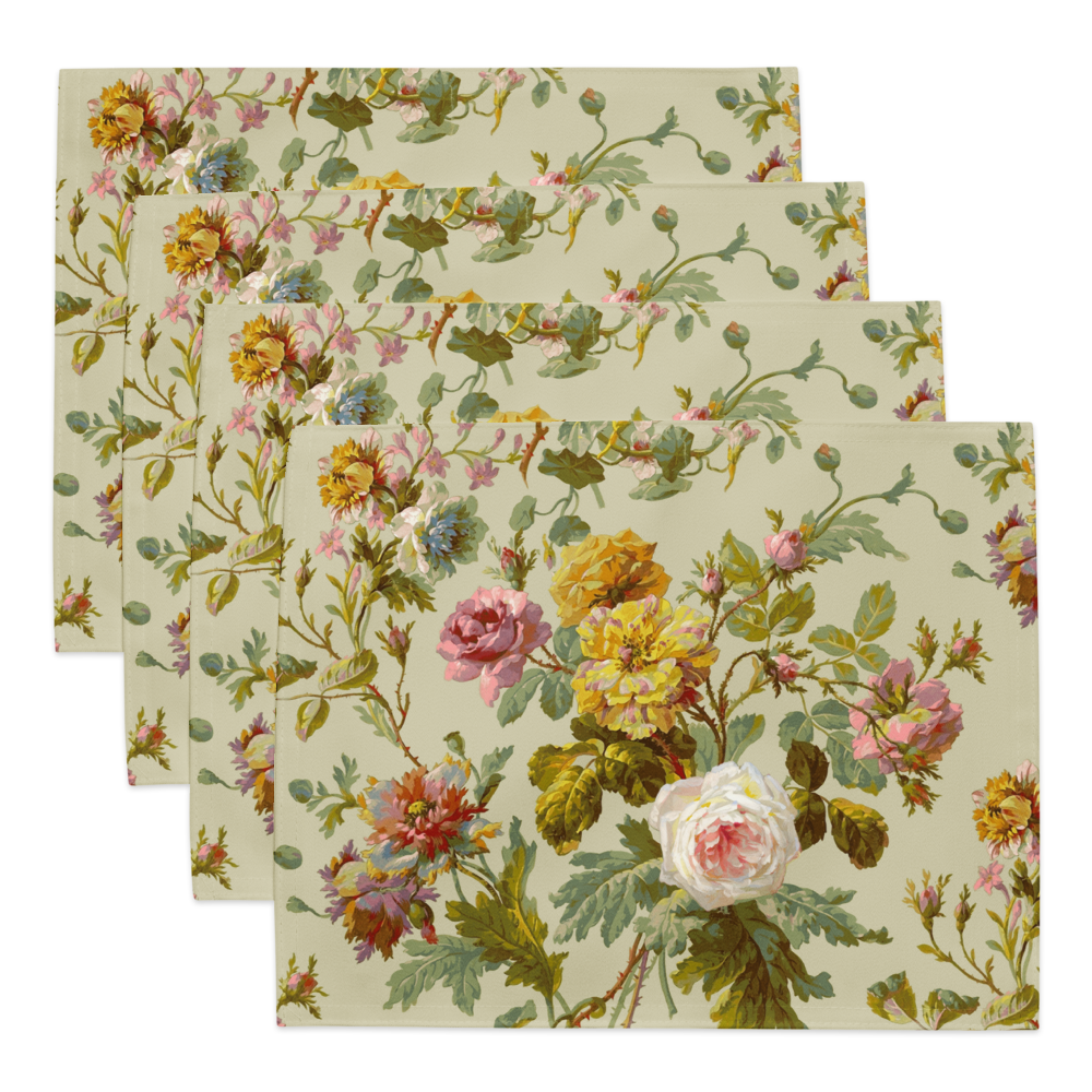 A set of four floral patterned table linens with vibrant botanical designs on a light backdrop is perfectly arranged, providing customizable dining decor. Enhance the look with our "Placemat Set of 4" for a cohesive and stylish table setting.