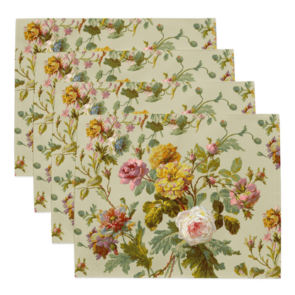 A set of four floral patterned table linens with vibrant botanical designs on a light backdrop is perfectly arranged, providing customizable dining decor. Enhance the look with our "Placemat Set of 4" for a cohesive and stylish table setting.