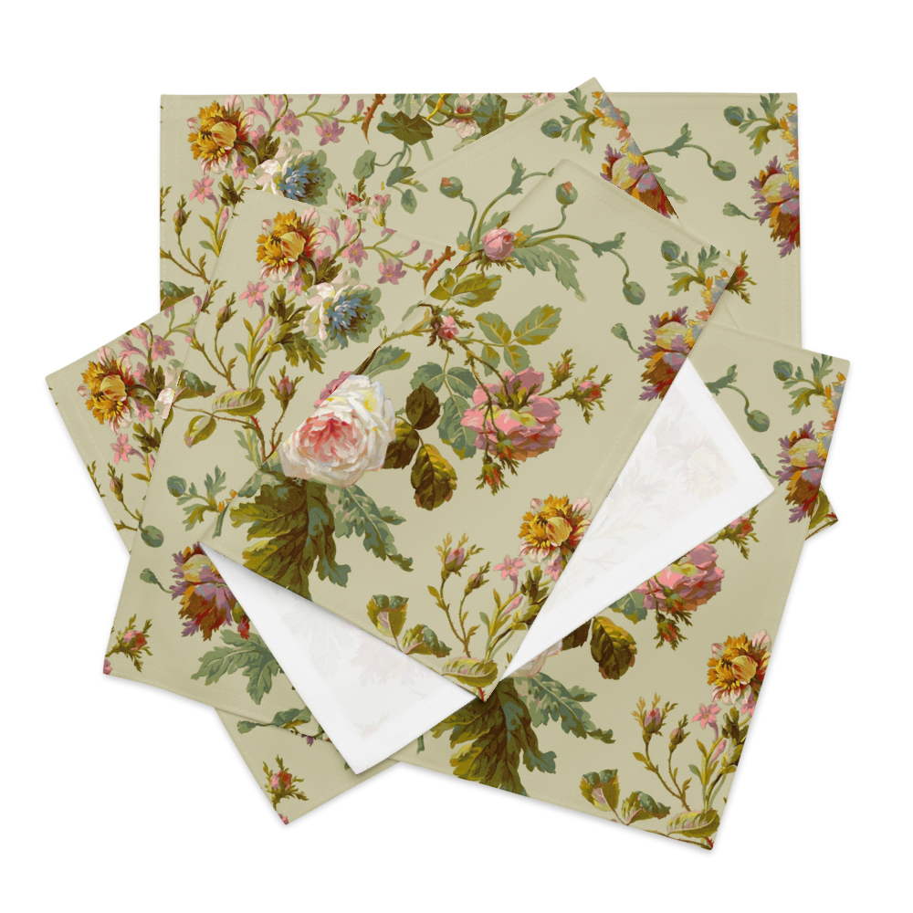 The Placemat Set of 4 showcases a vintage botanical design with floral patterns of roses and leaves, creatively reimagined from paper into unique, stylish placemats that are perfect for customizable dining decor and are water-resistant.