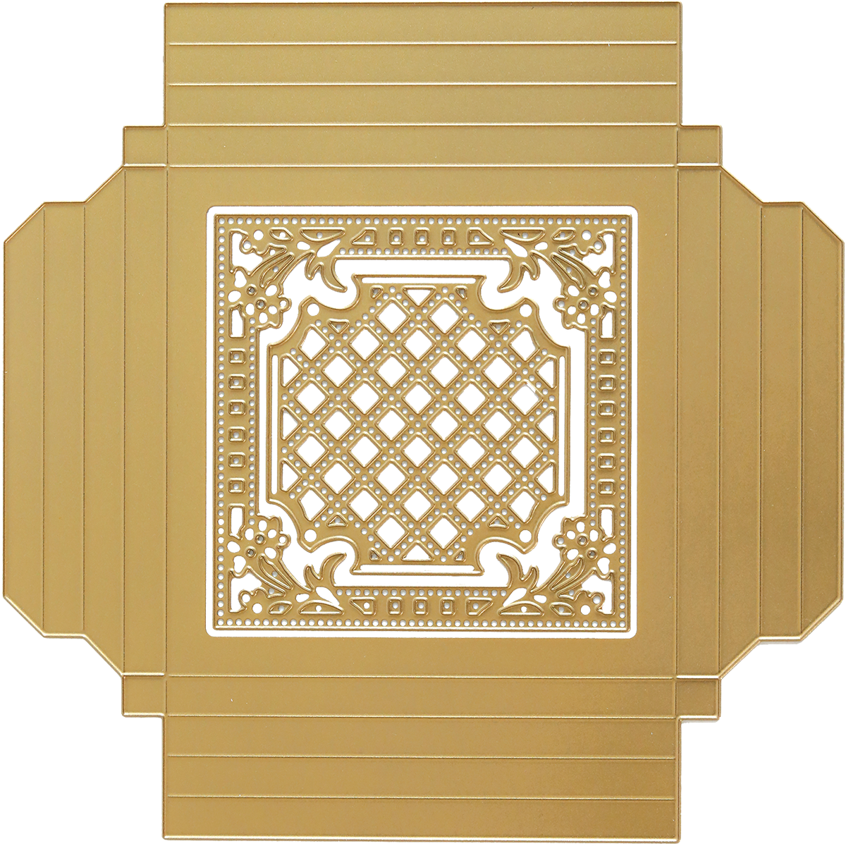 a gold square with a decorative design on it.