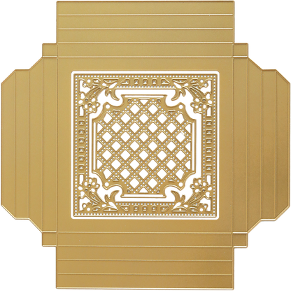 a gold square with a decorative design on it.