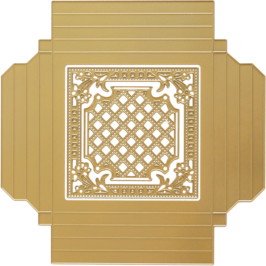 a gold square with a decorative design on it.