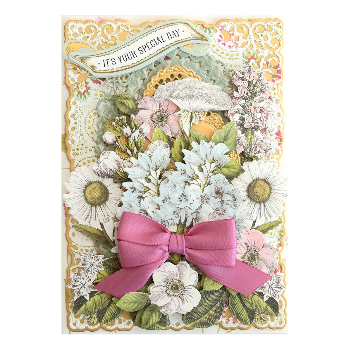 a card with flowers and a pink bow.