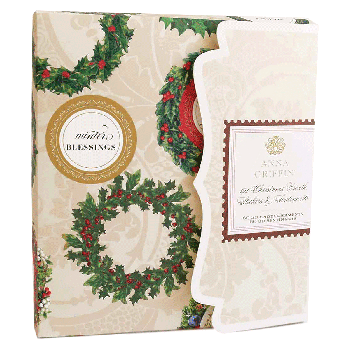 a christmas card with holly wreaths on it.