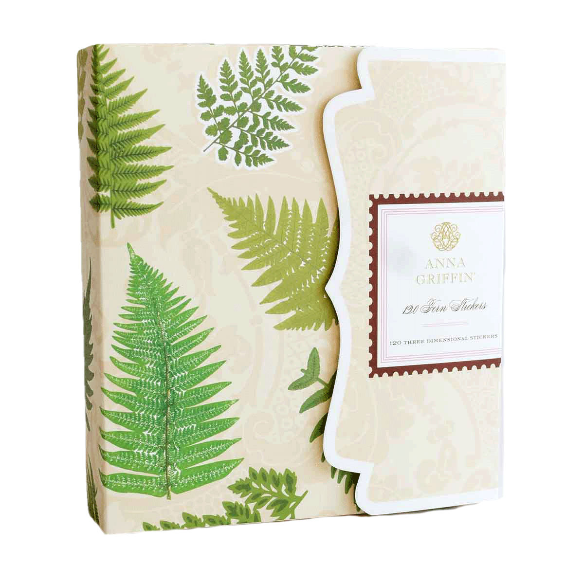 a box with a green fern print on it.