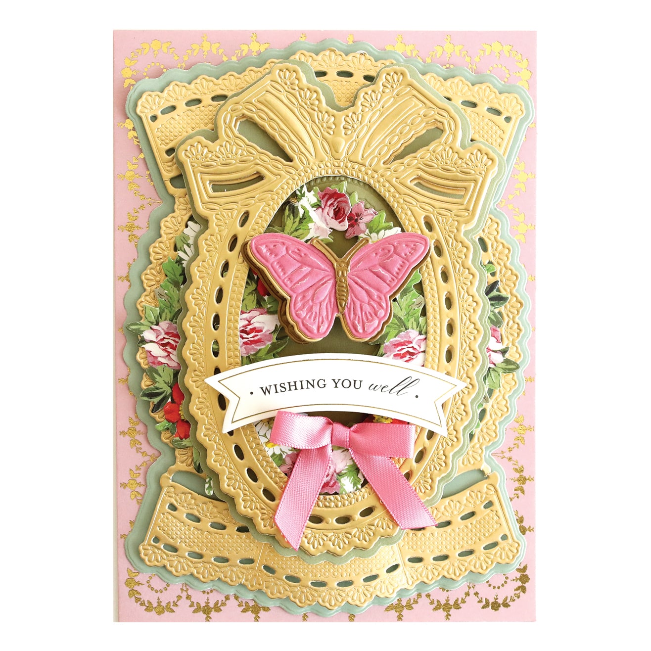a card with a pink ribbon and a butterfly on it.