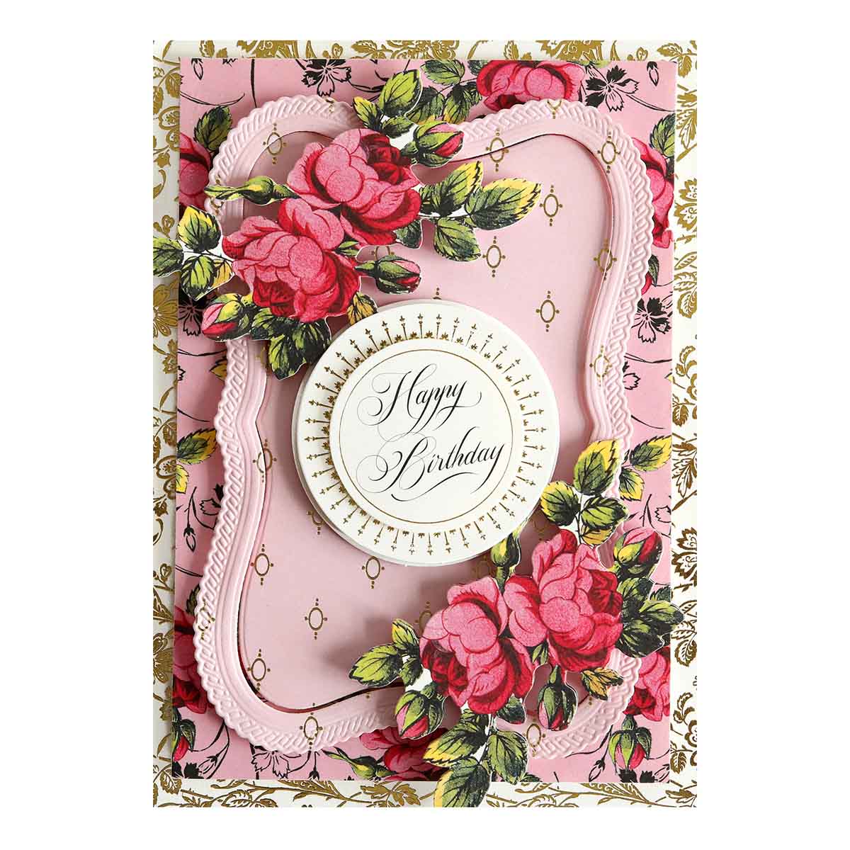 a birthday card with pink roses on a pink background.
