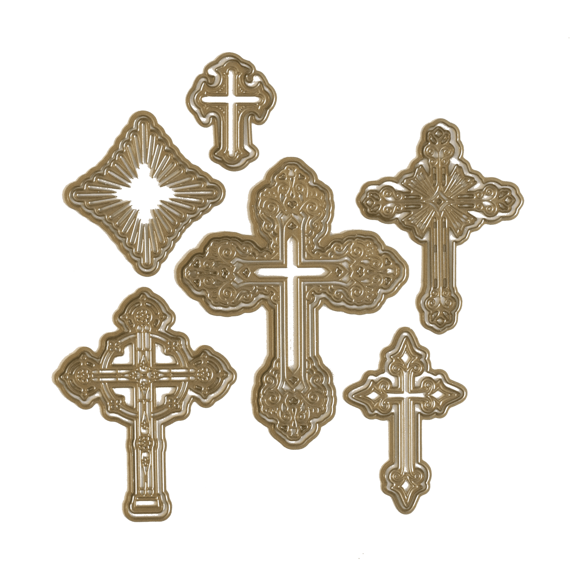 a group of crosses on a green background.