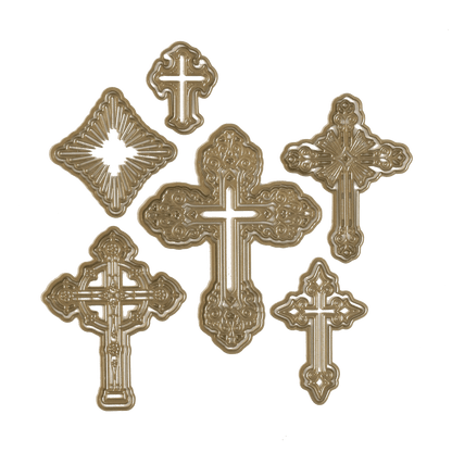 a group of crosses on a green background.