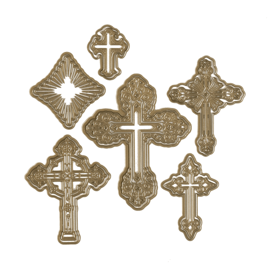 a group of crosses on a green background.