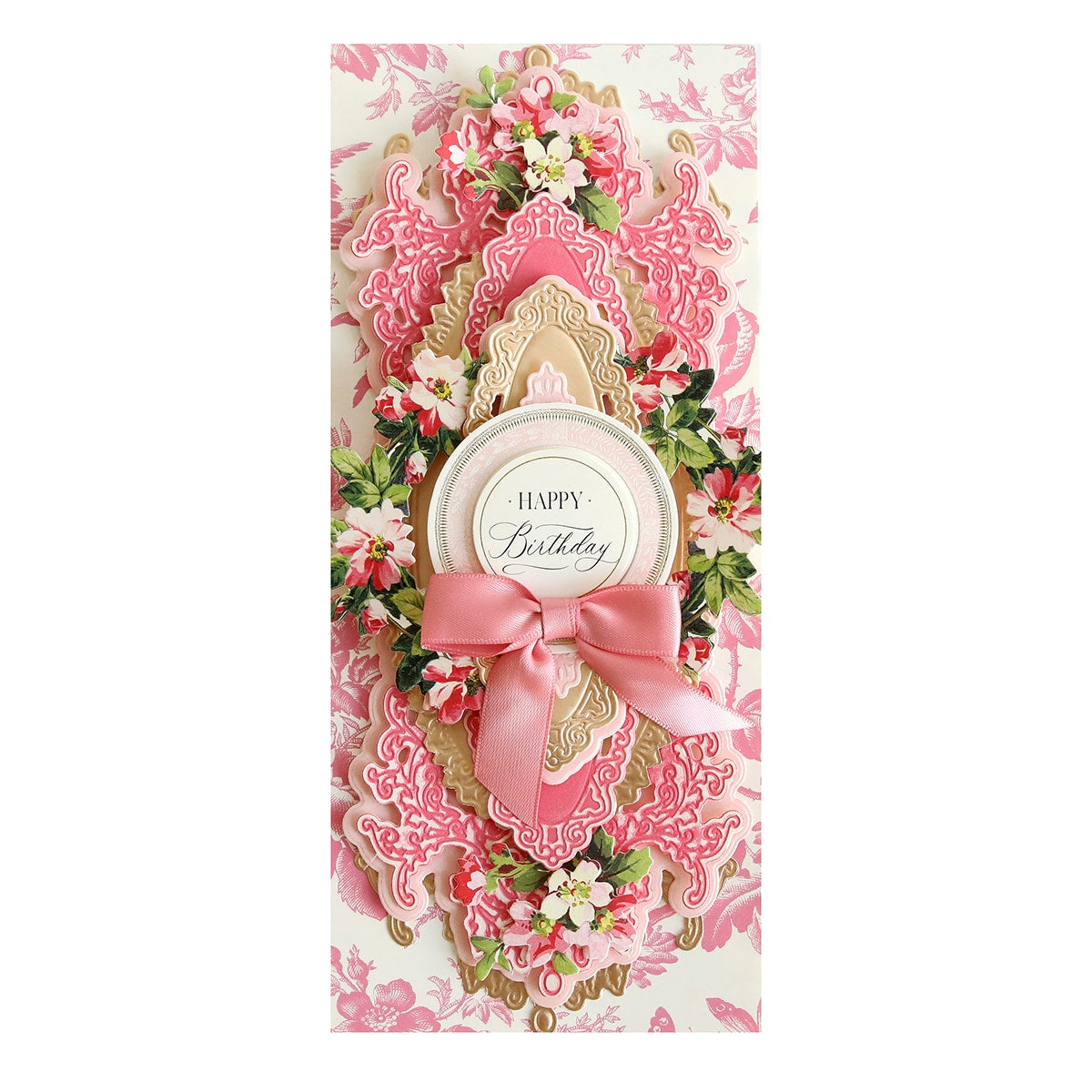 a pink and white card with a pink bow.